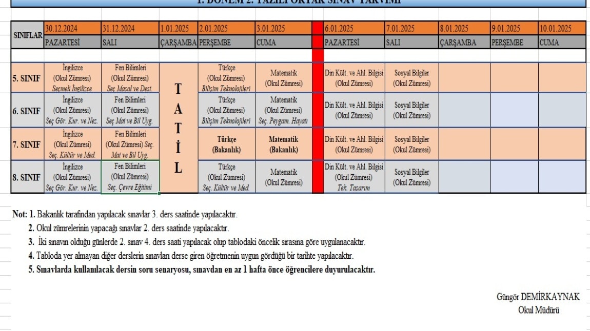 1. Dönem 2. Yazılı Ortak Sınav Tarihleri .